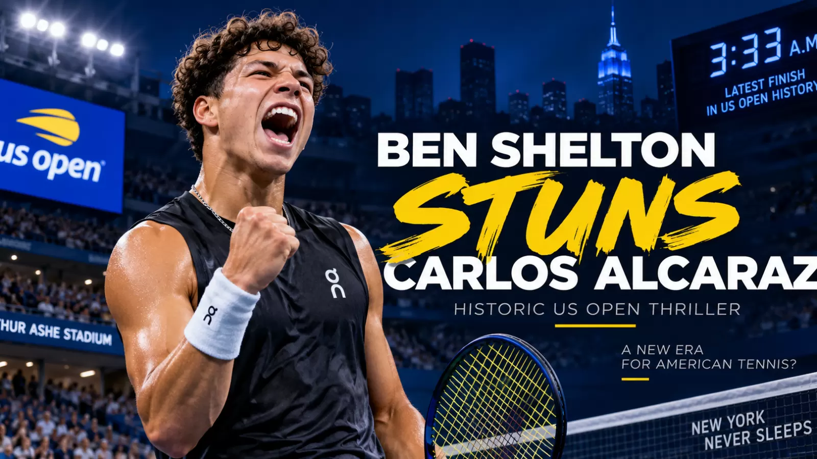 Ben Shelton celebrates after defeating Carlos Alcaraz at the 2026 US Open