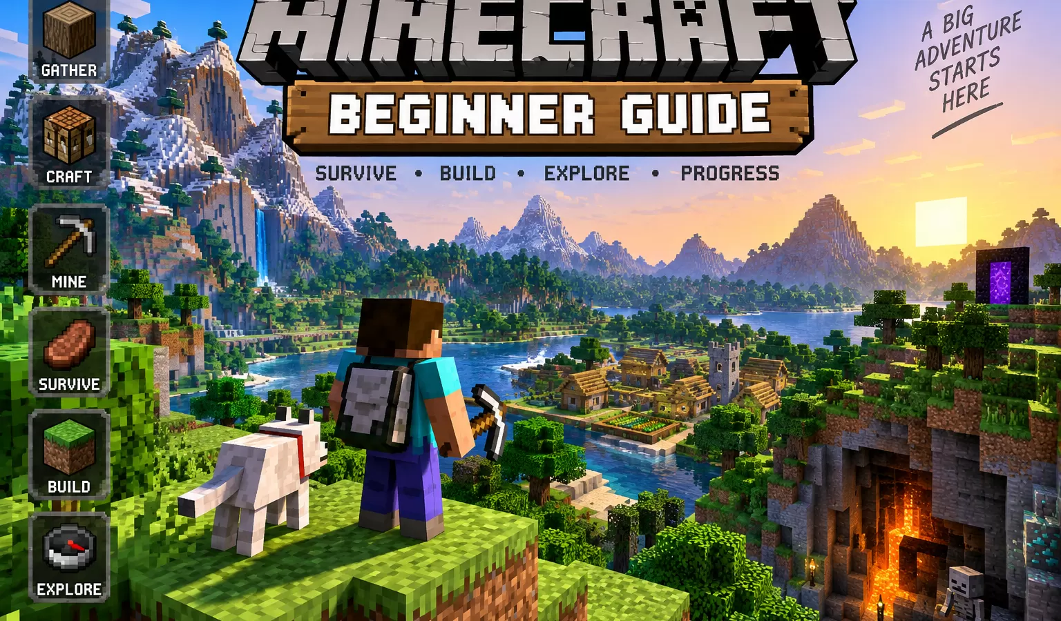 Minecraft beginner guide showing survival building crafting and exploration